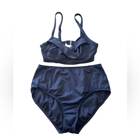 Athlete High Waisted Bikini Knot Scoop Neck Swimsuit Two Pieces Small Navy Blue - Picture 1 of 13